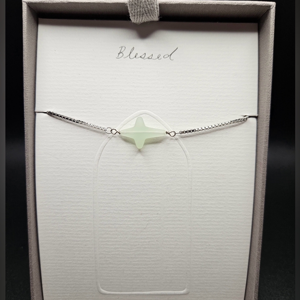DEMDACO Sharon Nowlan "Faith" Sea Glass Cross Bracelet NIB 7"+1.5" - Picture 2 of 10